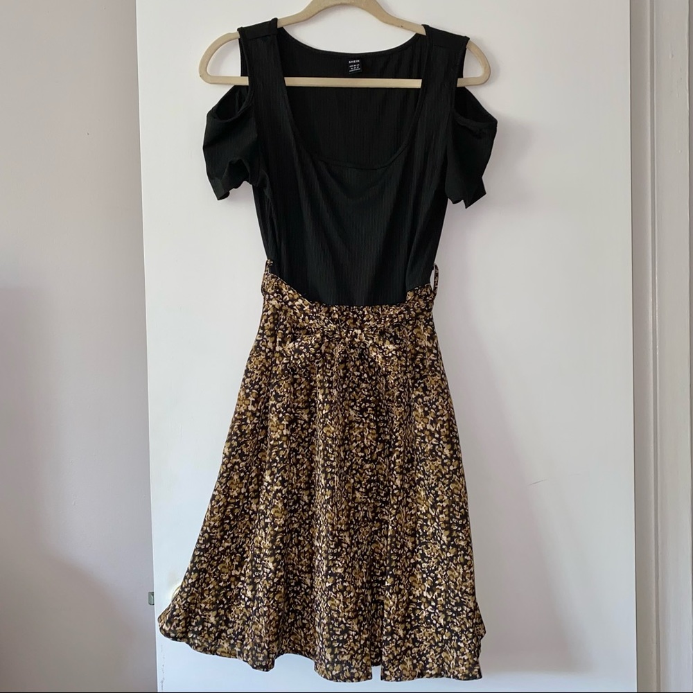 Cold Shoulder A-Line Fit and Flare Belted Leopard Print Dress